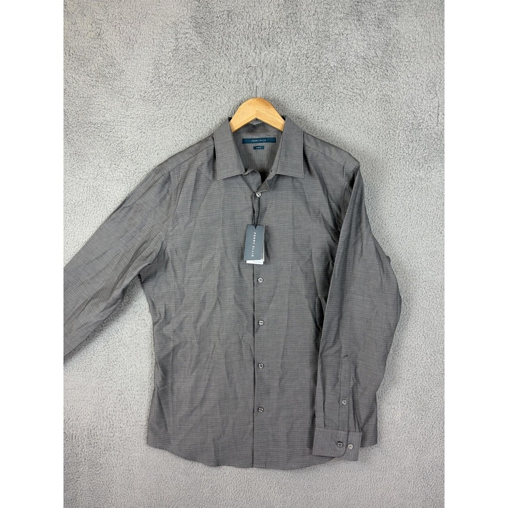 Perry Ellis Shirt Mens Large Gray Geometric Slim Fit Dress Long Sleeve Cotton
